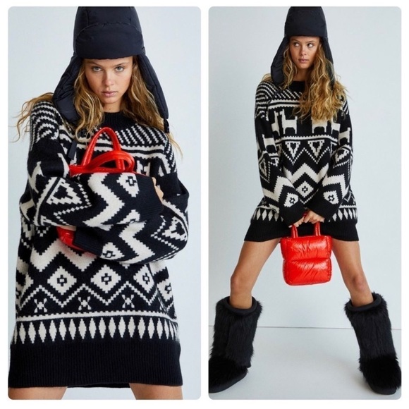 H&M Holiday Sweater Nordic Fair Isle Black and White Contrast Oversized - Picture 5 of 10